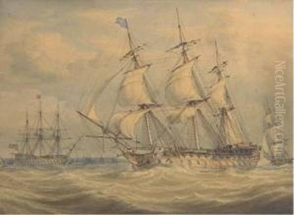 Men-o'war Running Past The Anchorage by William Joy