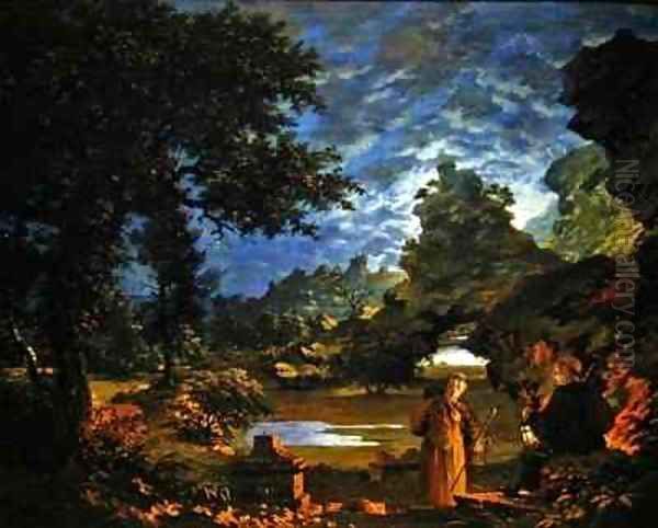 Monks with a Lantern in a Rocky Moonlit Landscape by John Cranch