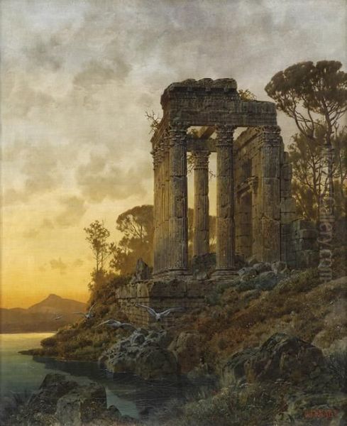 Seenlandschaft Mit Romischer Tempelruine. by Ferdinand Knab