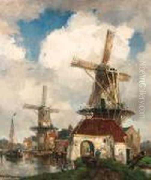 Windmills Along A Canal by Frans Langeveld