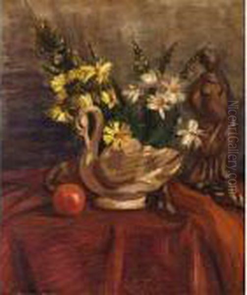 Still Life With A Sculpture And Flowers On A Draped Table by Henri Le Fauconnier