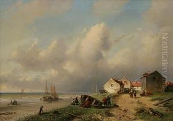 Coastal Scene With Fisherfolk by Charles Henri Leickert