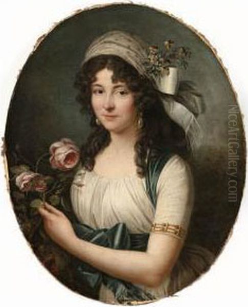 Portrait Of A Lady, Half Length, In A White Dress And A Blue Sash,by A Rosebush by Marie-Victoire Lemoine