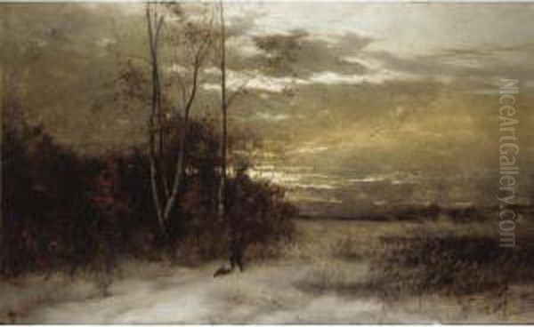 Winter Landscape With Huntsman And Dogs by Arvid Mauritz Lindstrom