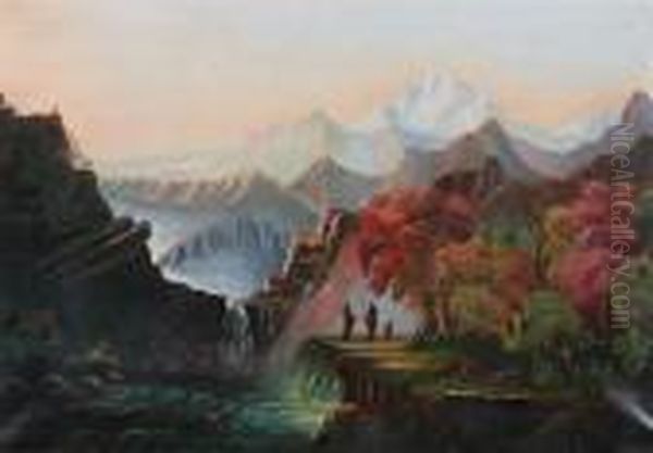 Landscape With Waterfall And Indians by Alexander Francois Loemans