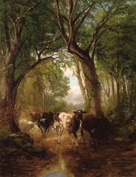 Cattle In A Wooded Landscape by James McDougal Hart