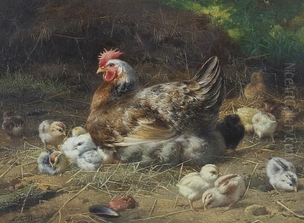 A Hen And Her Chicks by Eugene Remy Maes