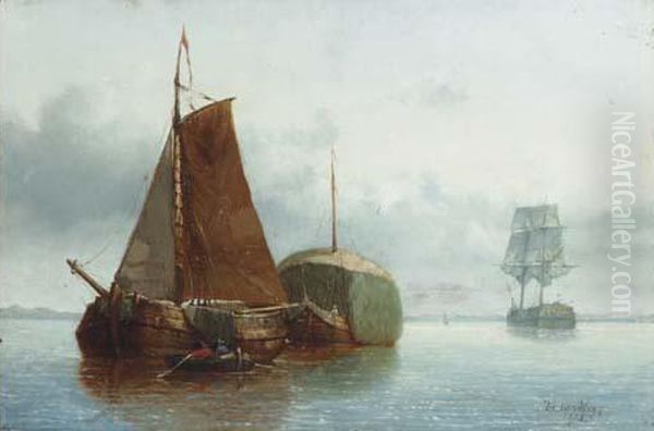 Haybarges And A Two-master On A Calm by Eugene Remy Maes