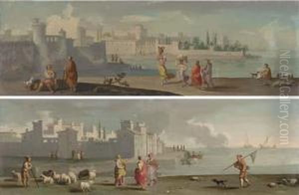 A Shepherd And His Flock, A 
Woman And A Fisherman On The Shore, A City Beyond; And Figures On The 
Shore, A Fortified City Beyond by Adriaen Manglard