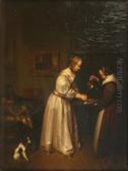 Dutch Interior With A Maid Holding A Ewer And Basin For A Lady Rinsing Her Hands by Gabriel Metsu