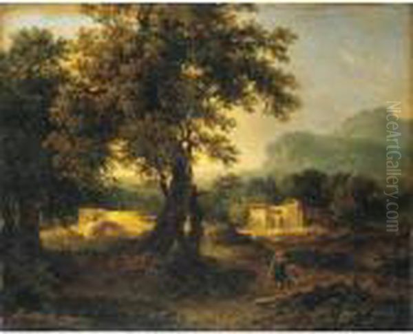 A Wooded Landscape With Figures by Achille-Etna Michallon