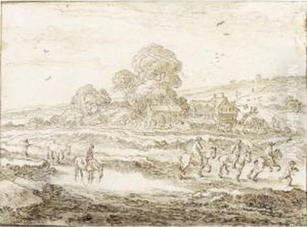 Landscape With Horsemen Near A Pool by Pieter De Molijn