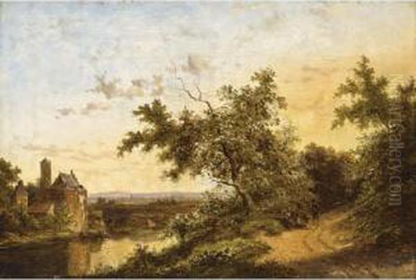 A Panoramic Landscape With 
Figures On A Country Road; Travellers At Rest Near A Castle (a Pair) by Jan Evert Morel