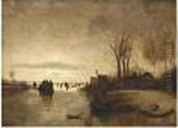 A Winter Landscape With Skaters Near A 'koek En Zopie' by Jan Evert Morel