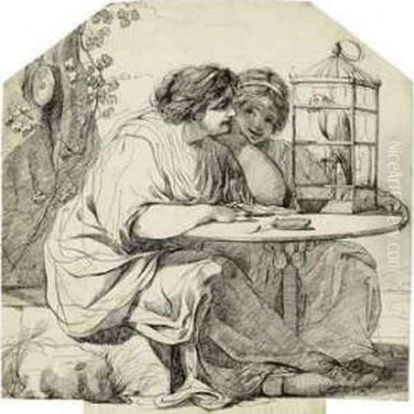 Two Women Watching A Parrot In A Cage by John Hamilton Mortimer