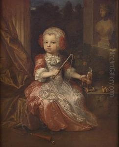 Portrait Of A Young Boy, 
Small-full-length, In A Salmon Coloured Gown With A Lace Trimmed Apron, 
And A Lace Bonnet, Holding A Crop And A Toy Horse, By A Partially Draped
 Column, A View To A Garden Beyond by Constantin Netscher