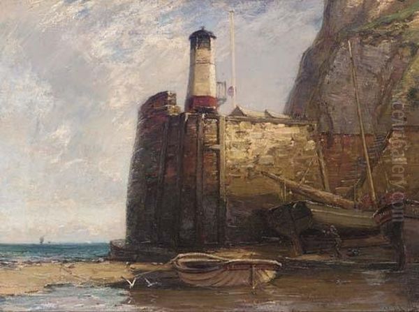 Fishing Boats Moored By A Harbour Wall At Low Tide by James Campbell Noble