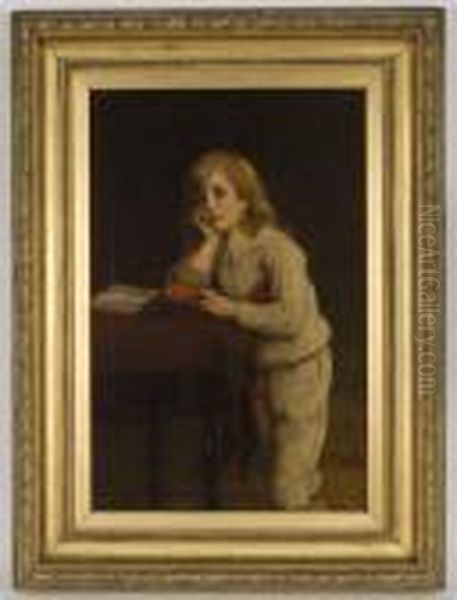 A Portrait Of A Young Boy Leaning On A Table With A Red Tablecloth by William Oliver