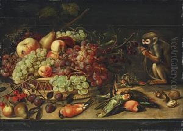 Apples, Cherries, Apricots And 
Other Fruit In A Basket, With Pears, Plums, Robins, A Woodpecker, A 
Parrot And A Monkey Eating Nuts, On A Table by Clara Peeters