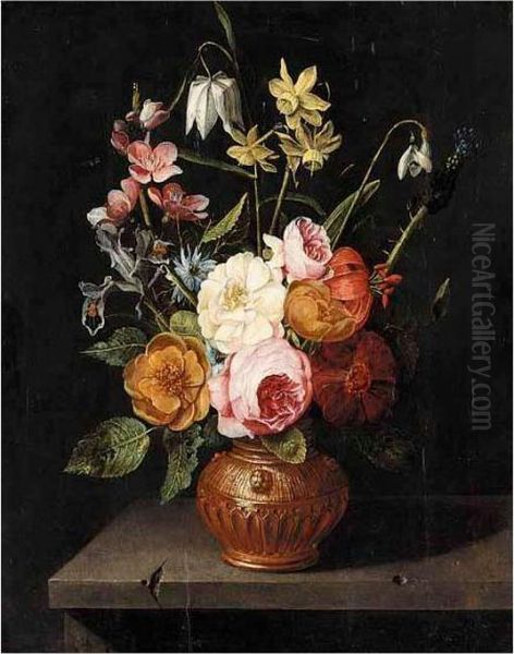 A Still Life Of Roses, Lilies, 
Irises, Narcissi And Snake-head Fritillaries, In An Urn, Upon A Stone 
Ledge by Clara Peeters