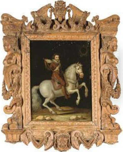 An Equestrian Portrait Of A 
Nobleman, Possibly The Duc De Joyeuse,in Armour With The Ribbon And Star
 Of The Order Of Thesaint-esprit, A Marshal's Baton In His Right Hand by Frans Pourbus the younger