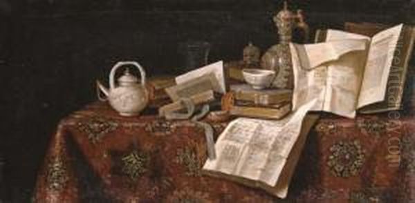 Books, Manuscripts, A Teapot, And Vanitas Still Life Elements On A Tabletop by Pseudo Roestraten