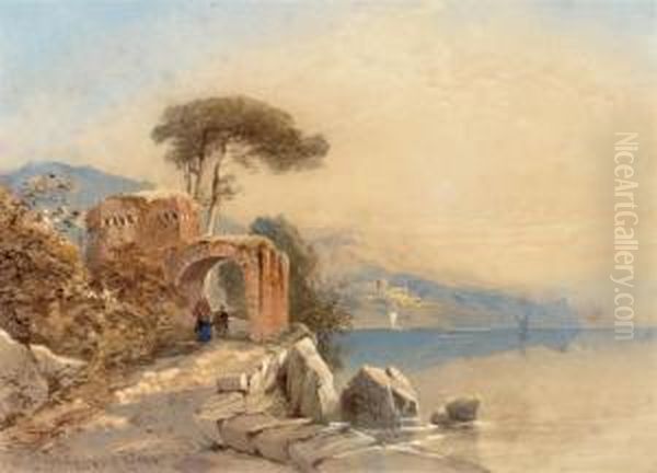 Travellers Passing Under An Arch By A Continental Lake by Edward M. Richardson