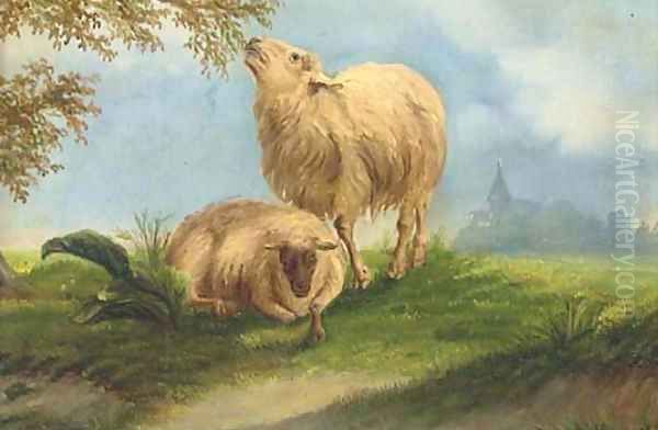 Sheep in a landscape by Jacob Van Dieghem