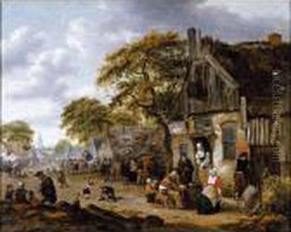 A Village Street Scene With 
Figures Drinking Outside An Inn And Vendors Hawking Their Wares by Salomon Rombouts