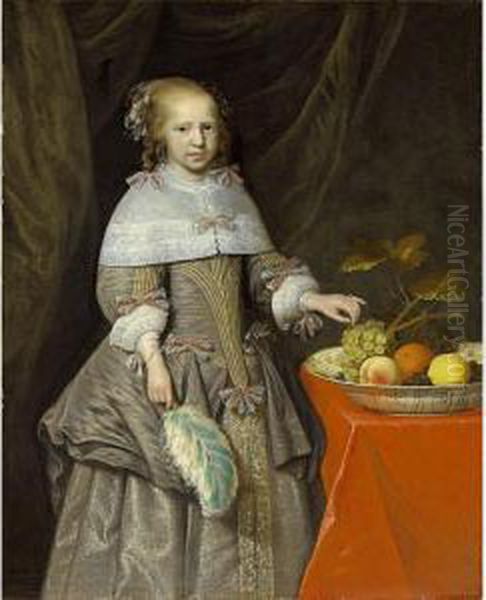 A Portrait Of An Eight-year Old 
Girl, Standing Three-quarter Length, Wearing A Silver-grey Silk Dress 
With Coloured Ribbons, White Lace Cuffs And Collar, Pearl Earrings And 
Necklace, Standing Beside A Table Covered With A Red Tablecloth With A 
Wan by Jan Albertz. Rotius