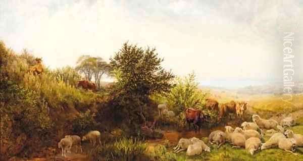 Sheep and cattle in a sunlit coastal landscape by Henry William Banks Davis