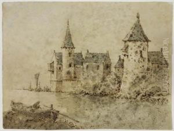 Study Of A Castle On A River by Cornelis Saftleven