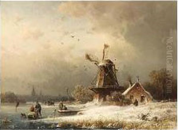 A Winter Landscape With Figures On A Frozen River by August Schliecker