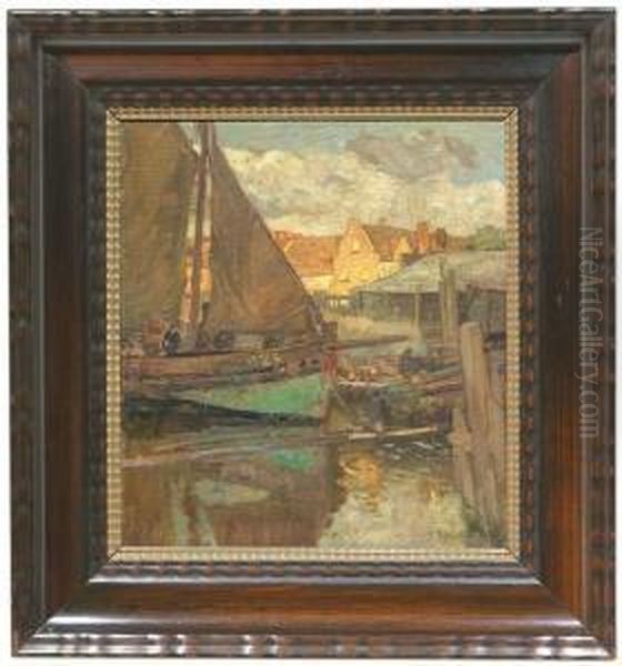 A Sailig-ship In Ostend Harbour.
 Oil/canvas/cardboard, Signed And Dated, Verso Artist Label With 
Inscription And Numbering As Well As A Stamp Of The Artist's Estate by Gustav Schonleber