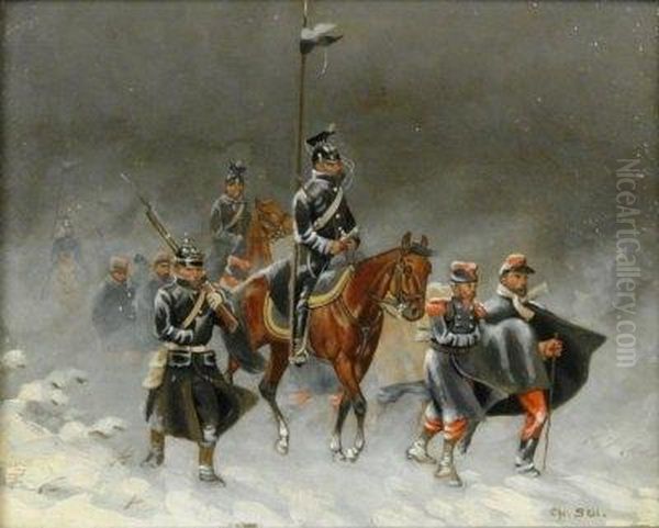 Army Approaching In Winter. Signed Bottom Right: Chr. Sell by Christian Ii Sell