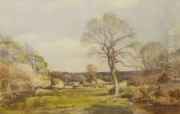 A Farmstead With Figure In Foreground And Animals By Cottages In Distance by Mark Senior