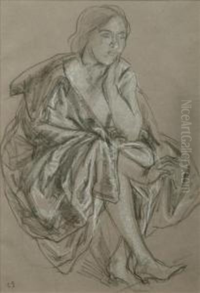 Study Of A Seated Woman Black And White Chalk by Charles Haslewood Shannon