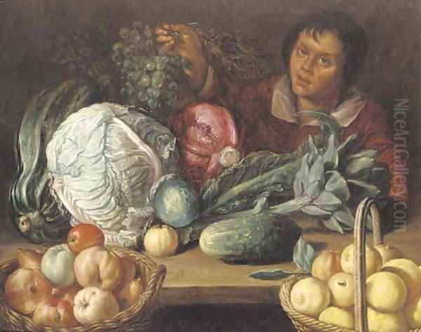 A still life of vegetables and fruit with a youth holding a bunch of grapes by Cornelis Willemsz. Eversdyck