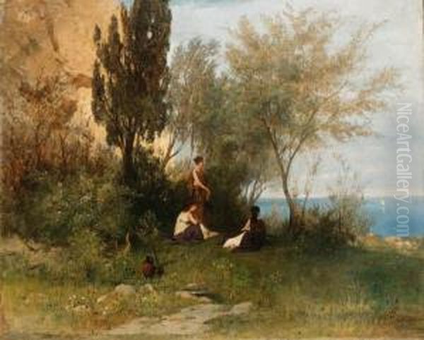 Three Classical Maidens In A Wooded Coastal Landscape by Henrik Ippolipovich Semiradskii