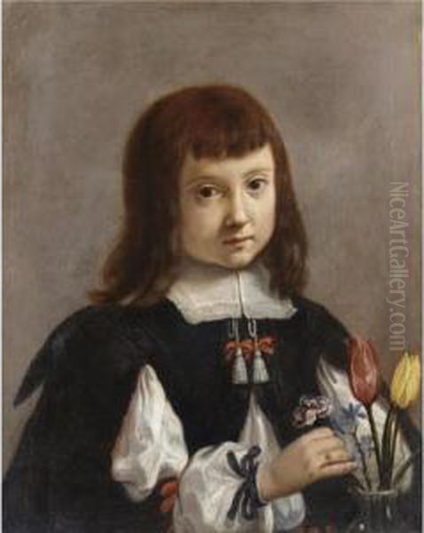 Portrait Of A Young Boy, Half Length, Arranging Flowers In A Vase by Elisabetta Sirani