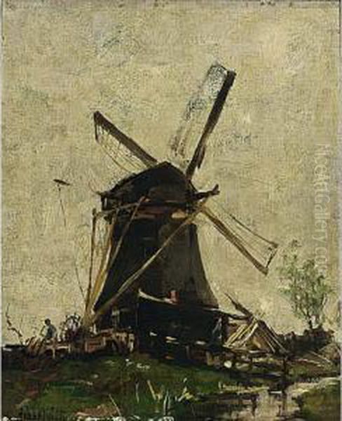 A Polderlandscape With A Windmill Oil Painting - Hobbe Smith