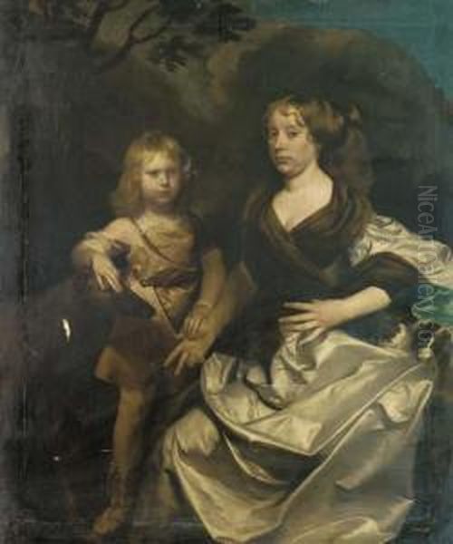 Double Portrait Of A Lady And 
Her Son, Full-length, The Ladyseated, In A Silver Dress With A Brown 
Wrap, The Boy In An Orangetunic, His Right Hand Resting On The Head Of A
 Hound, In Alandscape by Gerard Soest