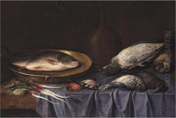 Still Life Of A Carp In A Dish With A Duck, Birds, A Radish And A Decanter by Sebastien Stoskopff