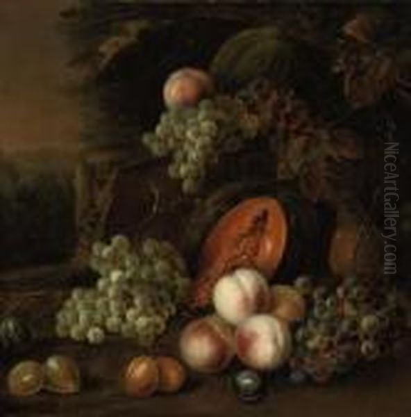 Grapes, Plums, Peaches, Pears And Pumpkins In A Landscape by Tobias Stranover