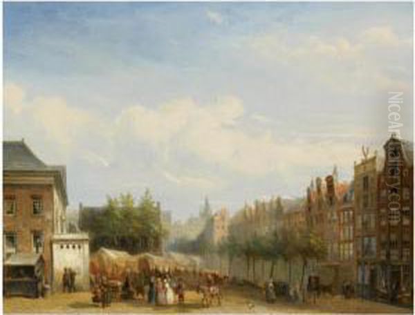 Many Figures On The Botermarkt, Amsterdam by Pierre-Henri-Theodore Tetar van Elven