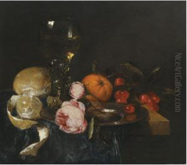 A Still Life With A Roemer, A 
Peeled Lemon, Bread, Roses On Apewter Plate, An Orange And Cherries, All
 On A Draped Table by Abraham Hendrickz Van Beyeren