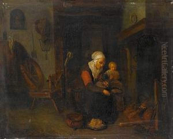 A Kitchen Interior With A Woman And Her Child By A Stove by Quiringh Gerritsz. van Brekelenkam