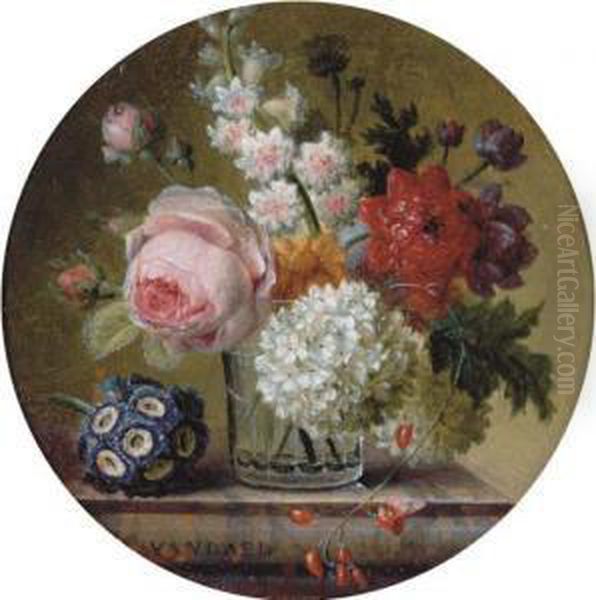 Cabbage Rose, Marigold, 
Hyacinth, Poppy Anemones, Opium Poppy,snowball And Scarlet Runner Bean 
In A Glass Beaker On A Marbleledge With Auricula by Jan Frans Van Dael