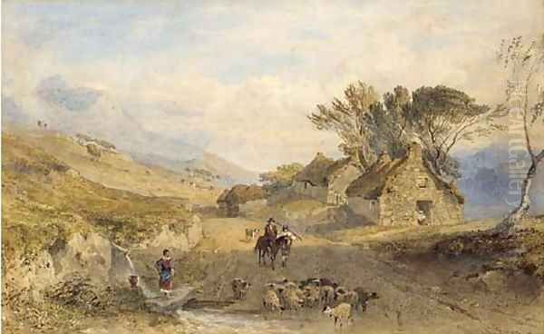 A shepherd and his flock fording a stream, with cottages beyond by George Arthur Fripp