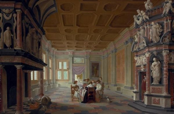 An Elegant Company Dining In A Richly Decorated Palaceinterior by Dirck Van Delen